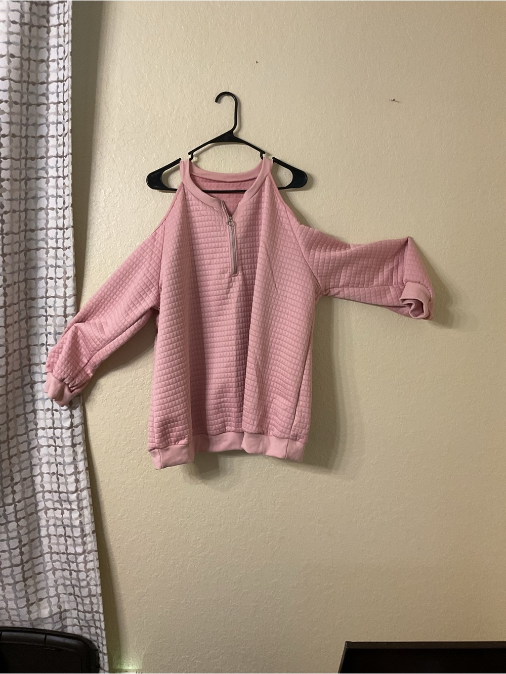 SHEIN Curve Pink Waffle-Quilted Cold-Shoulder Quarter-Zip Sweatshirt 4XL